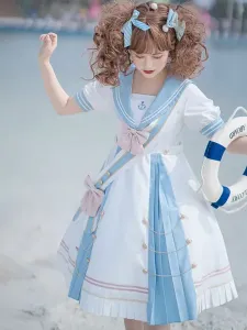 Sweet Lolita OP Dress Poliestere maniche corte fiocchi Navy Blue Lolita One Piece Dress #844626