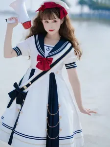 Sweet Lolita OP Dress Poliestere maniche corte fiocchi Navy Blue Lolita One Piece Dress #844627