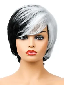 Parrucche sintetiche Parrucca corta da donna arricciata in fibra resistente al calore a onde naturali nere bianche