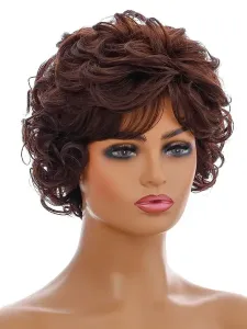 Parrucche sintetiche Parrucca corta da donna corta arricciata in fibra resistente al calore marrone scuro