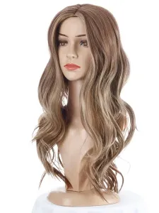 Parrucca lunga da donna Parrucca sintetica lunga arricciata con taglio centrale in fibra resistente al calore marrone chiaro