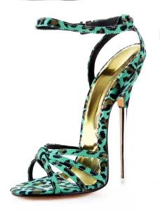 Sandali sexy verdi con stampa di leopardo alla caviglia con tacchi sottili
