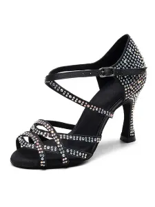 Scarpe da ballo latino personalizzate da donna Scarpe da ballo da sala con strass di lusso con punta aperta nere #378692