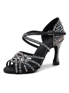 Scarpe da ballo latino personalizzate da donna Scarpe da ballo da sala di lusso con strass in raso nero con punta aperta