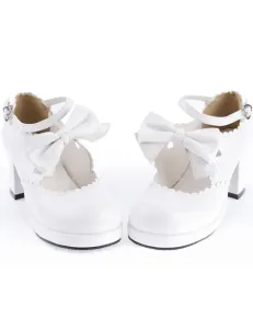 Dolce bianco grosso tacchi Lolita scarpe Pony tacchi caviglia cinturino fiocco Decor punta rotonda #340470