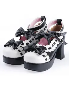 Gotico cuore bianco nero a forma di fibbia Round Toe Lolita scarpe #340449