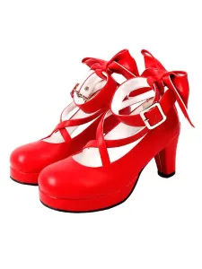 Sweet Lolita Shoes Platform Heels Bow Round Toe Cross Front Lolita Décolleté #337346