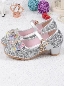 Scarpe da ragazza di fiori Scarpe da festa con fiocchi di stoffa con paillettes argento per bambini #377389