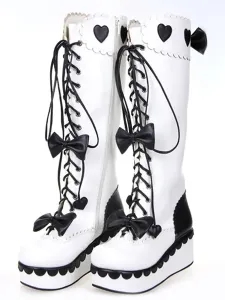 Dolce nera anteriore in pelle Lace Up Bow Lolita Boots #334647