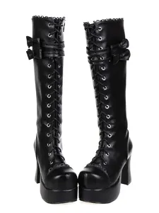 Dolce nero rotondo Toe Leather Lolita Boots #334988