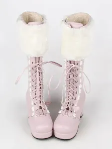 Stivali Lolita dolce rosa pelliccia tacco stivali con lacci