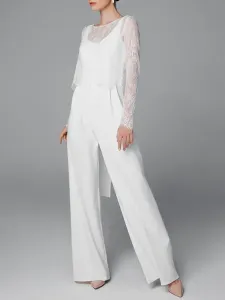 Tuta da sposa semplice bianca A-Line Jewel Neck maniche lunghe Tute da sposa in crepe elasticizzato #463781