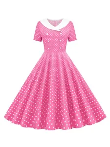 Dress Vintage 1950 V-Neck Pieghe strati maniche corte della donna di lunghezza del ginocchio Pois swing Dress #392776