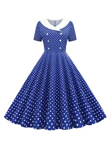 Dress Vintage 1950 V-Neck Pieghe strati maniche corte della donna di lunghezza del ginocchio Pois swing Dress #392777