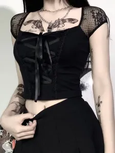 Camicia gotica nera da donna Top gotico a maniche corte con collo quadrato in cotone sexy #407426