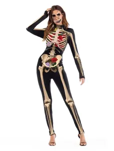 Carnevale Tuta skinny a maniche lunghe con maniche lunghe da donna in scheletro di Costume Halloween #363761