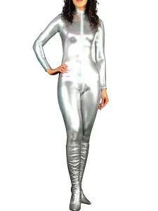 Carnevale Abbigliamento metallizzato per adulti tinta unita argenta senza piedini calzamaglia in gomma per donne Halloween #343477