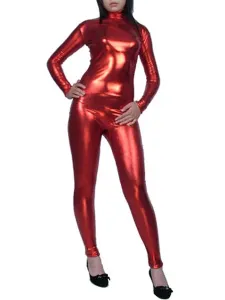 Carnevale Abbigliamento metallizzato per adulti tinta unita rossa tuta con calzamaglia senza guanti in gomma per donne Halloween #342273