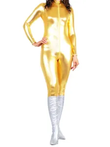Carnevale Abbigliamento oro metallizzato per adulti con calzamaglia senza guanti in gomma per donne Halloween #342195