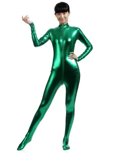 Carnevale Chiusura lampo verde scura lucido metallizzato Suit Zentai per le donne Halloween #339991