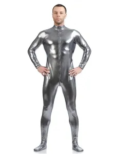 Carnevale Suit Zentai Cosplay metallico lucido grigio per gli uomini Halloween