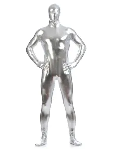 Carnevale Tuta Zentai metallizzata lucida argento per uomo Halloween Full Body adulto Halloween #340051