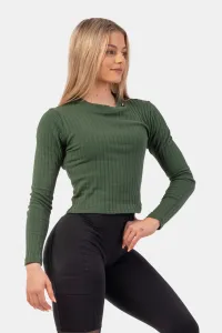 Nebbia Organic Cotton Ribbed Long Sleeve Top Dark Green S Maglietta fitness