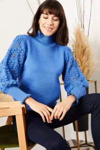 Olalook Women's Baby Blue Sleeve Detailed Soft Textured Knitwear Sweater