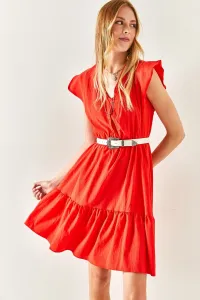 Olalook Women's Coral Viscose Dress with Ruffle Shoulder and Buttons