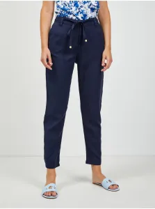 Dark blue shortened linen chino trousers with ORSAY binding - Women #1267855