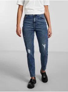 Blue Ladies Mom Fit Jeans with Torn Effect Pieces Kesia - Women