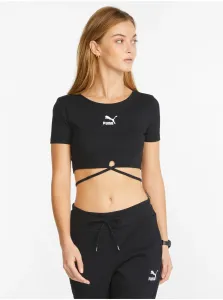 Black Women's Ribbed Cropped T-Shirt with Puma Tie - Women #828626