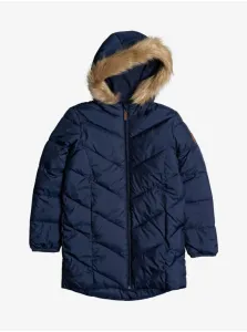 Roxy Dark Blue Girly Quilted Winter Coat with Hood and Artificial Fur Rox - Unisex