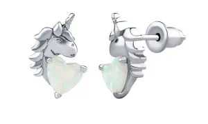 Silvego Orecchini in argento a lobo con unicorno Esma con opale bianco a forma di cuore DCC22008EOW