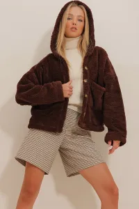 Trend Alaçatı Stili Women's Bitter Brown Hooded Plush Coat with Double Pockets