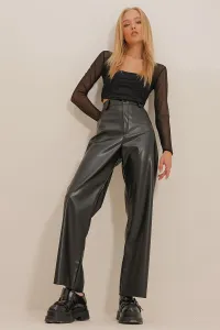 Trend Alaçatı Stili Women's Black Double Pocket Palazzo Leather Trousers