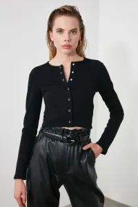 Trendyol Black Button Detailed Crop, Fitted Crop Crew Neck Ribbed Cotton Knitted Blouse