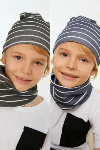 Trendyol Black-Navy Blue Striped Boy Knitted Beanie Neck Collar Set