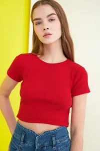 Trendyol Red Fitted/Situated Crew Neck Crop Corduroy Stretch Knitted Blouse #255797