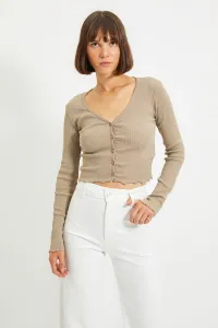 Trendyol Beige Button Detailed V-Neck Ribbed Stretch Knitted Blouse