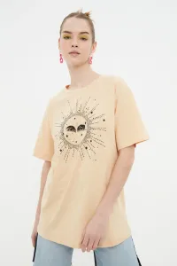 Trendyol Beige Printed Boyfriend Knitted T-Shirt #1253823
