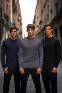Trendyol Black-Navy Blue-Anthracite Men's Regular/Normal Cut Long Sleeve 3-Pack Basic 100% Cotton T-Shirt
