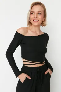 Trendyol Black Off-the-Shoulder Tie Detailed Corduroy Stretchy Crop Knitted Blouse