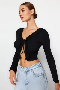 Trendyol Black Ruffle Detailed Knitted Blouse with Front Tie Ribbed Flexible Crop