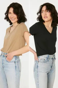 Trendyol Black-Stone Single Jersey V-Neck 2-Pack Knitted T-Shirt #1585671