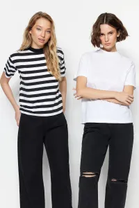 Trendyol White-Black and White Striped 2-Pack Basic Stand Up Collar Knitted T-Shirt #261840