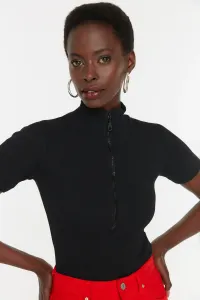 Trendyol Black Zippered Fitted/Sleeved Ribbon Knitted Blouse with a Stand-Up Collar, Stretch #778059
