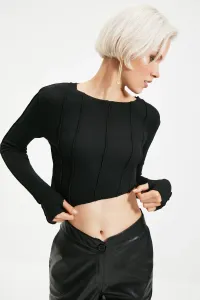 Trendyol Black Stitching Detail Fitted Asymmetrical Crop Corduroy Knitted Stretch Blouse #58489