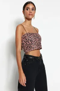 Trendyol Brown Leopard Print Spaghetti Strap Crop Knitted Blouse