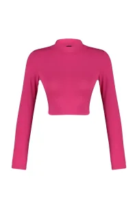 Trendyol Fuchsia Plunging Neck Standing Collar Fitted/Situated Crop Cotton Stretch Knitted Blouse
